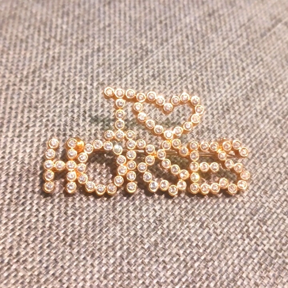 "I LOVE HORSES" Horse Goldtone Brooch w/ Crystals - Pre-loved (1.5" long)